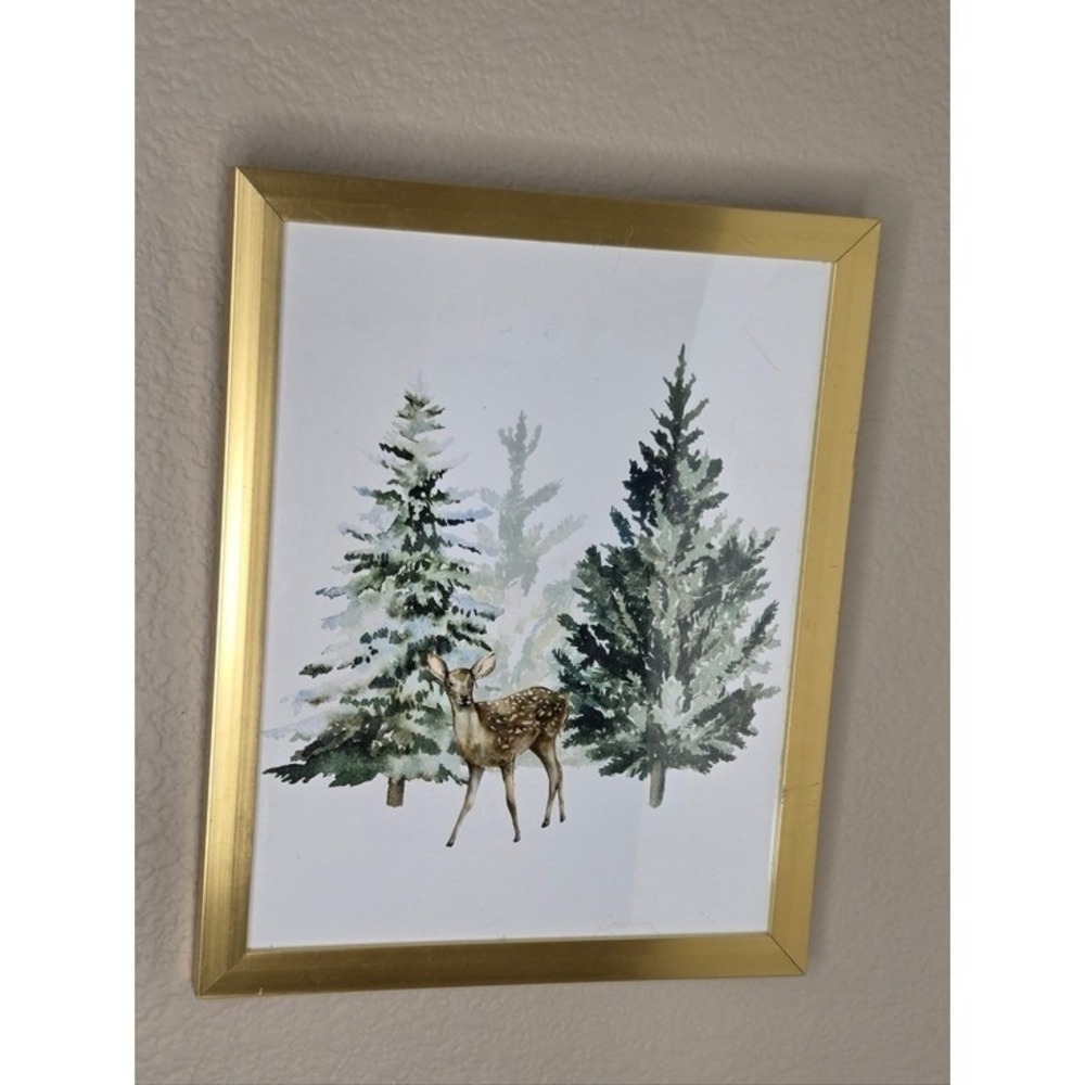 Framed Woodland Deer Art Print in Gold Frame Rustic Woodsy Neutral Winter Scene
